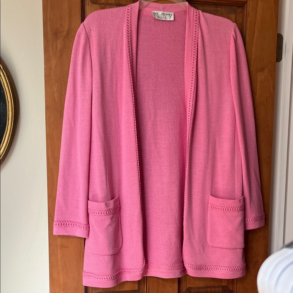 St. John Pink Open-Front Knit Cardigan with Pocket Trim